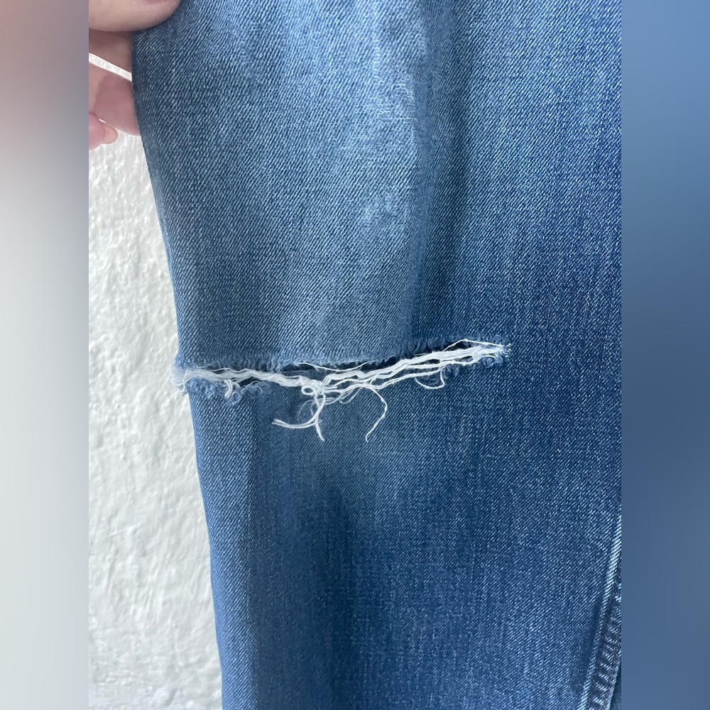 Bonobos mid wash, mid rise straight leg distressed, ripped denim jeans; 33 x 30 - Picture 3 of 7